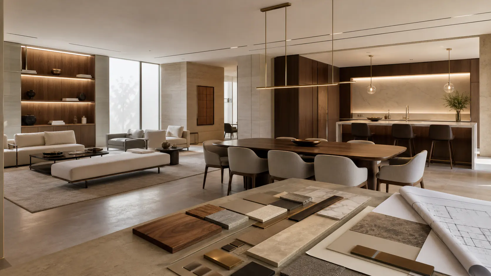 MWL whole-home design studio with coordinated living, dining, kitchen, furniture, materials, lighting and appliance selections.